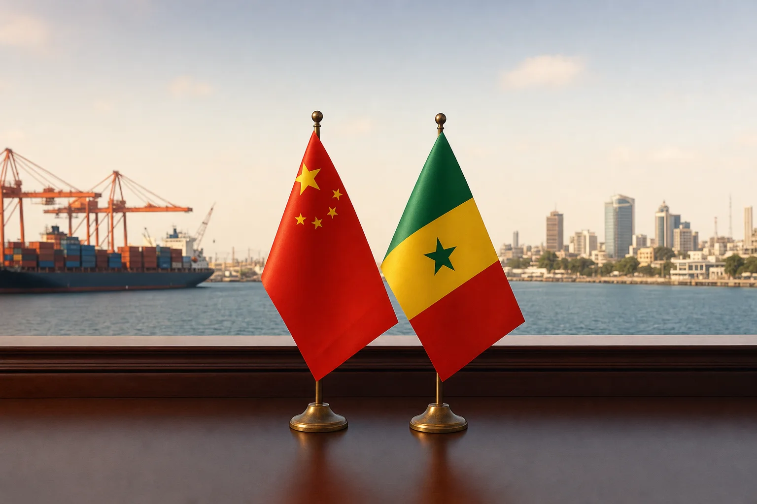 Drapeaux de la Chine et du Sénégal symbolisant les échanges commerciaux entre les deux pays