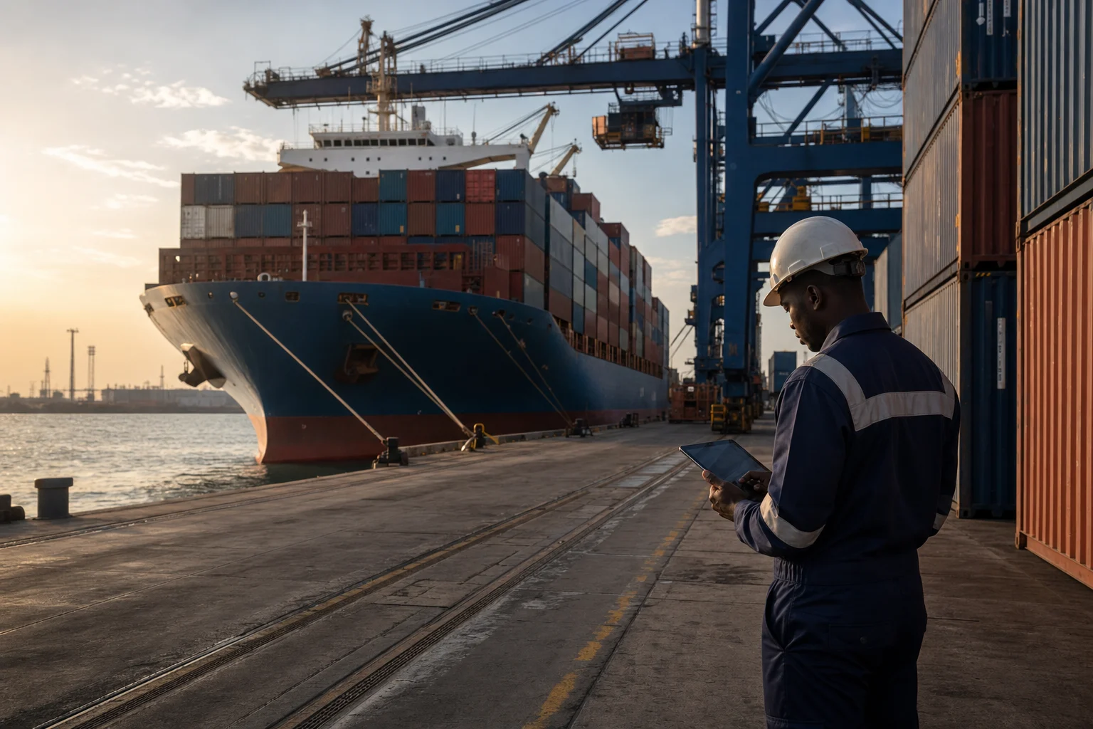 Illustration représentative d’un professionnel supervisant des conteneurs dans un port international