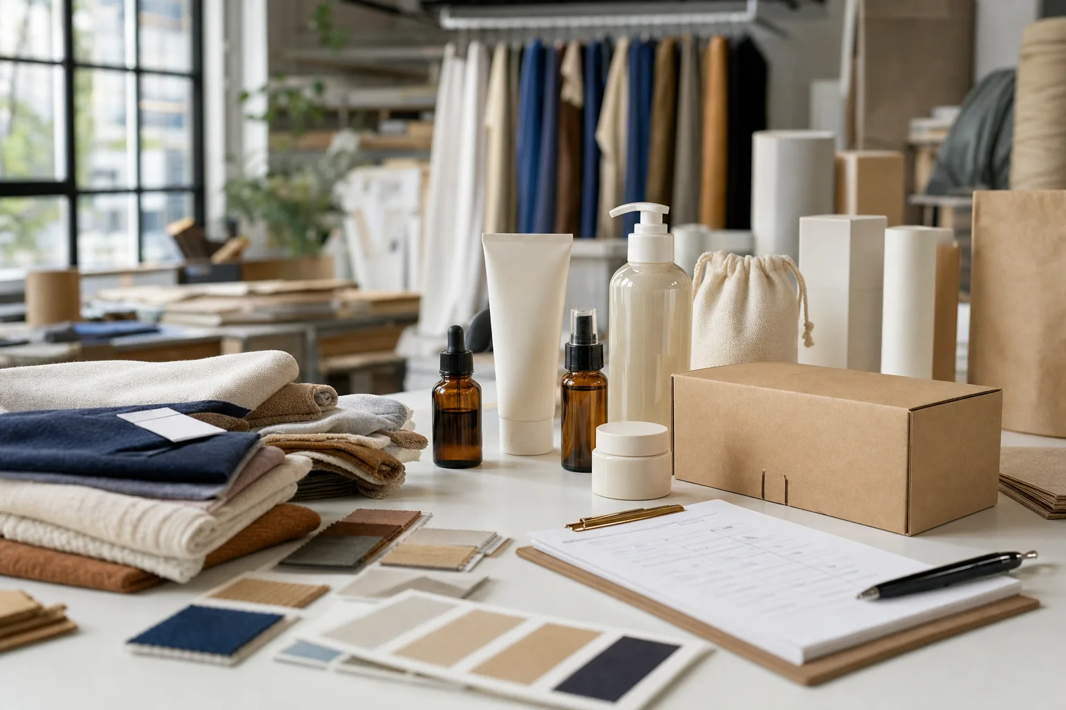 Illustration représentative de produits, emballages et échantillons préparés pour une marque E-COM